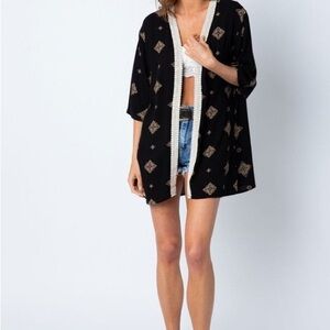 NWT Black Kimono with Beige Pattern and Crocheted Trim